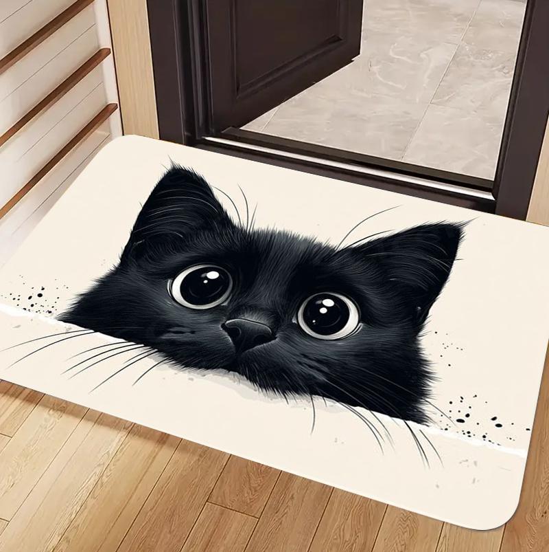 Cute Black Cat Print Door Mat Non Slip Absorbent Floor Mat Soft Washable Rug for Indoor Entryway Kitchen and Bathroom Use