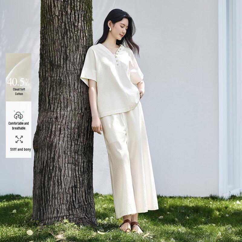 IHIMI Women s Cloud Soft Cotton Short Sleeve Top & Wide-Leg Pants Set L белый