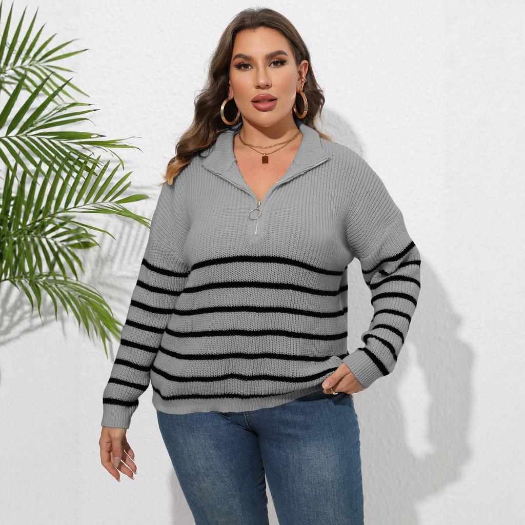New women's sweater, cross-border European and American plus-size knitwear, striped patchwork, high-neck, zip-up, loose-fitting, machine-knit sweater