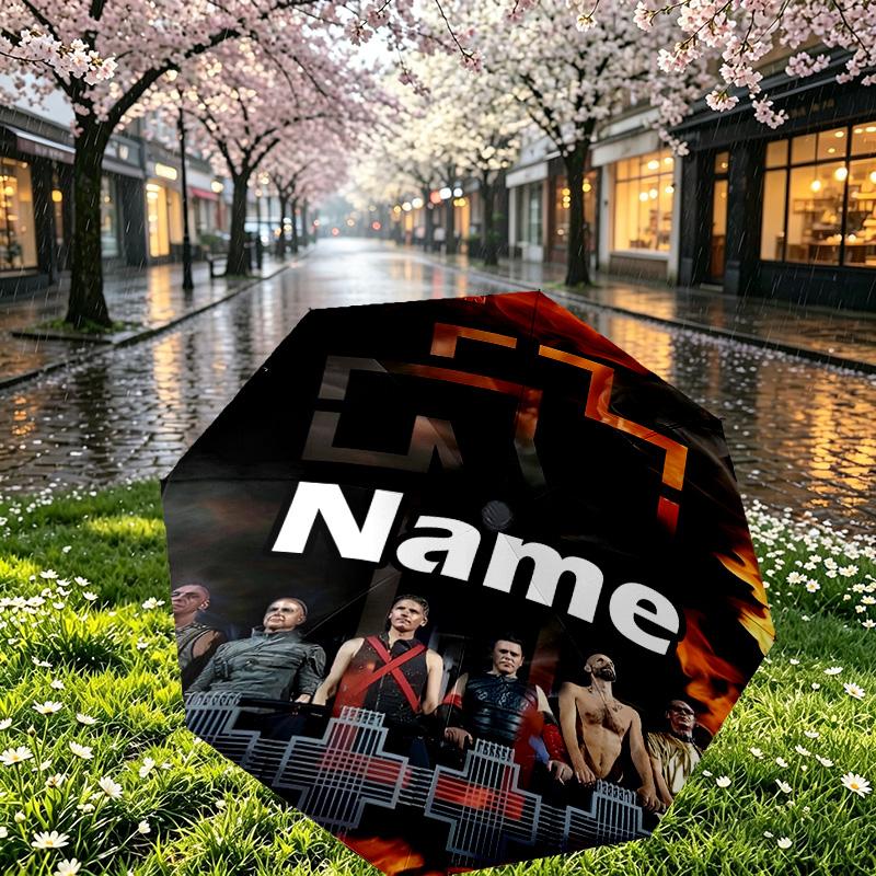 Custom Name Personalized Rammstein Print Umbrella, Auto Open Close, 8‑Rib Sturdy Frame, Commute Camping Hiking Use, Birthday Gift