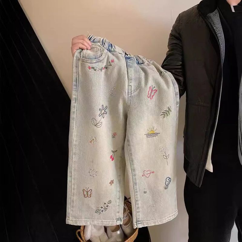 In-Stock Girls' Spring and Summer Embroidered Jeans, Korean Style, Fashionable Embroidered Loose Straight-Leg Casual Pants for Girls