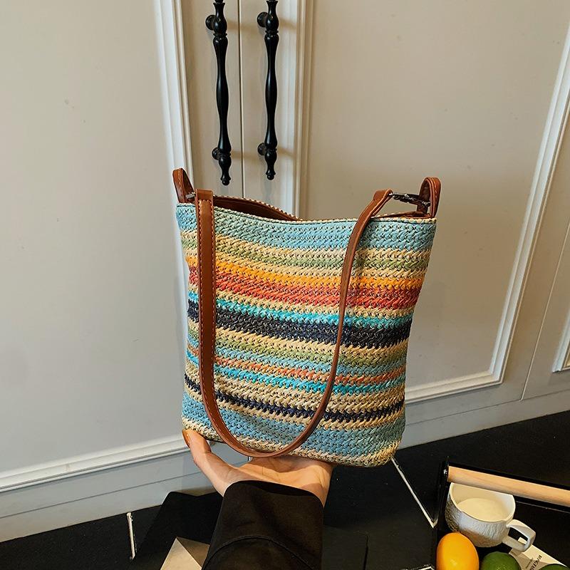 

Популярная модная плетеная сумка контрастного цвета женская летняя новая повседневная универсальная сумка-ведро кроссбоди сумка на плечо