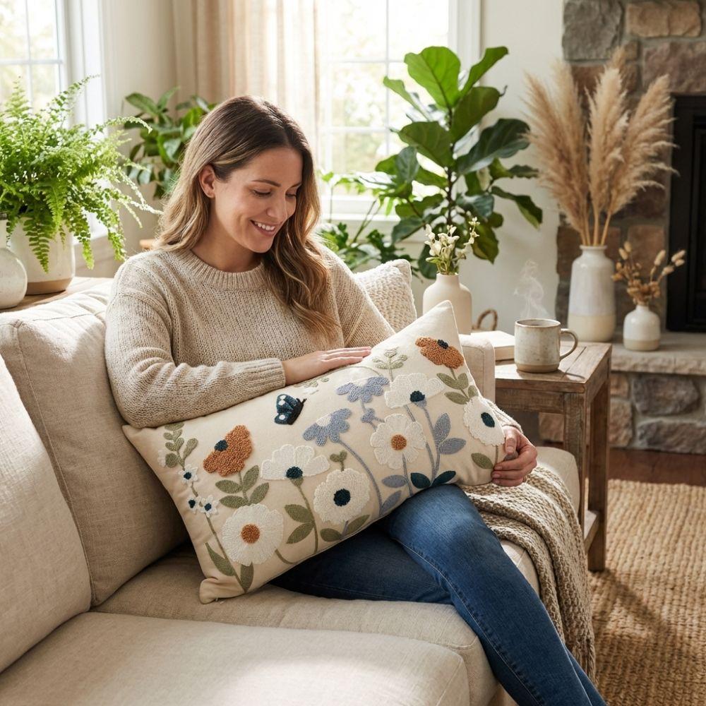 Pastoral Floral Embroidered Cushion Cover Canvas Throw Pillowcase Small Fresh Pillowslip  Bedroom