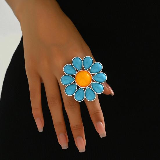 Flower Ring for Women Blue Pedals Large Boho Floral Ring Big Blooming Flower Zinc Alloy Ring for Wedding Holiday Jewelry Gifts
