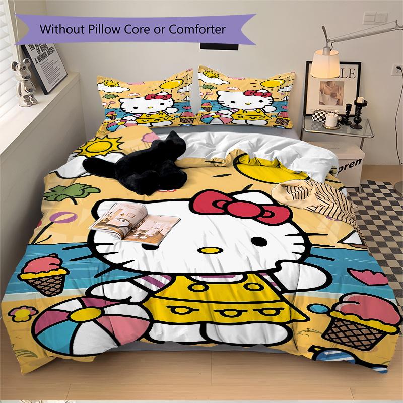 3pcs Hello Kitty On the Beach In Summer Quilt Set Soft and Comfortable Bedroom, Guest Room and Dorm Decor Bedding Set W046