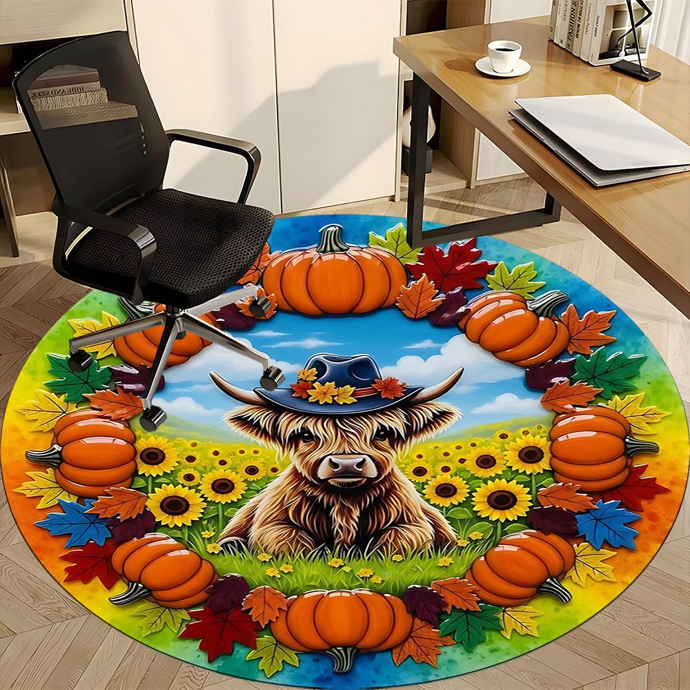 1pc Autumn Pumpkin Wreath Chair Carpet for Office, Round Polyester Mat, Indoor Decor for Office, Easycare Fabric, Washable Non-slip Area Carpet