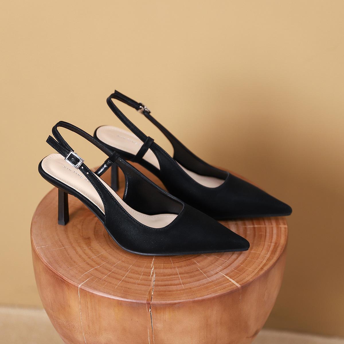 

9733-3 Классические французские туфли-лодочки с острым носком на высоком каблуке, женские новые универсальные туфли-лодочки с острым носком и открытой пяткой на тонком каблуке, женская обувь 35