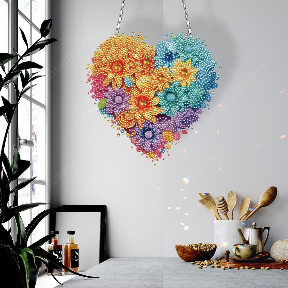 5D DIY Diamantmalerei Anhänger Herz Blume Acryl Diamantmalerei Heimdeko Rund Einseitig für Garten Fensterdeko