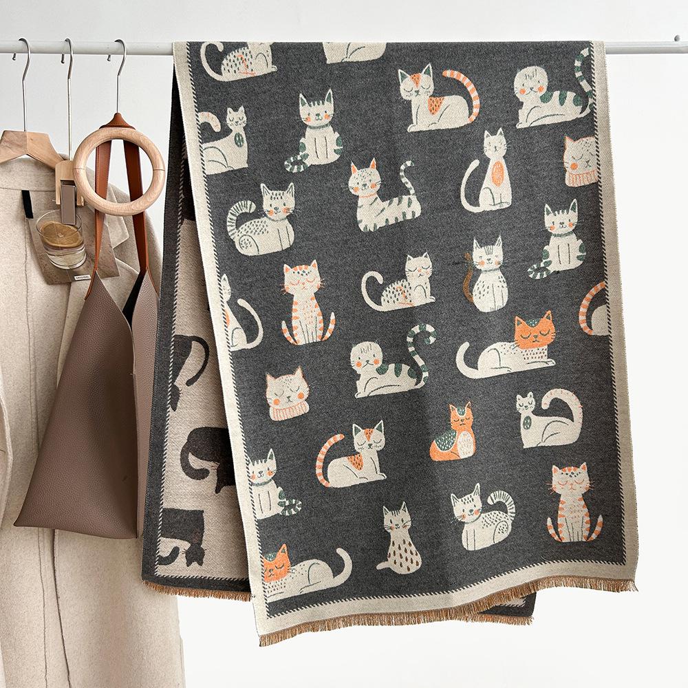Double-Sided Cute Kitten Cashmere Scarf - Women's Fashion Winter Neck Warmer Shawl