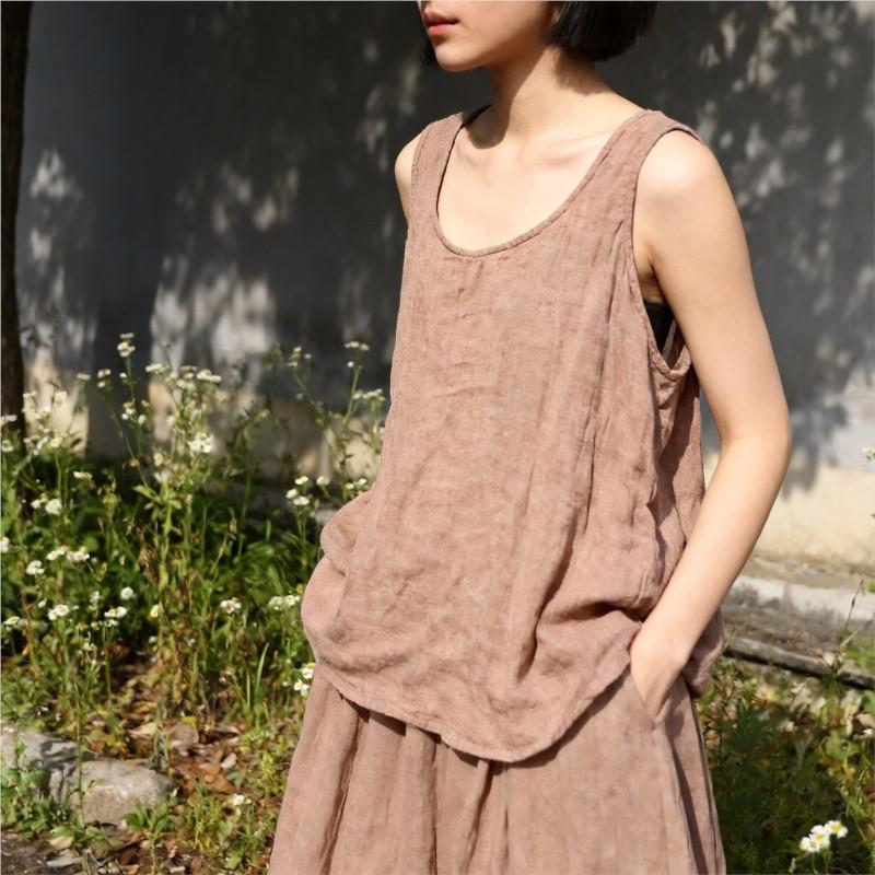 Johnature Women Tank Tops Summer Chinese Style O-Neck Sleeveless Cloths Solid Color Soft Loose Tank Tops