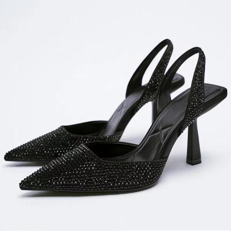 2026 Léto Nová Značka Dámské Sandály Módní Křišťálová Přezka Slingback Vysoké Podpatky Párty Elegantní Zlaté Dámské Boty Sexy Lodičky