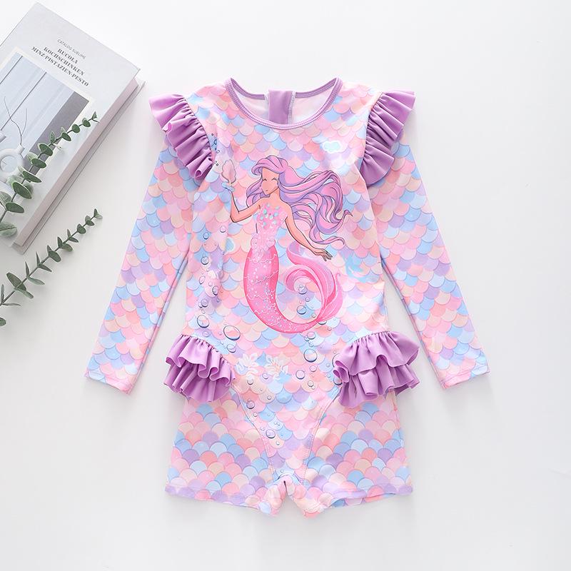 Costume da bagno intero a maniche lunghe con volant per bambina, con slip, certificato CPC per bambini