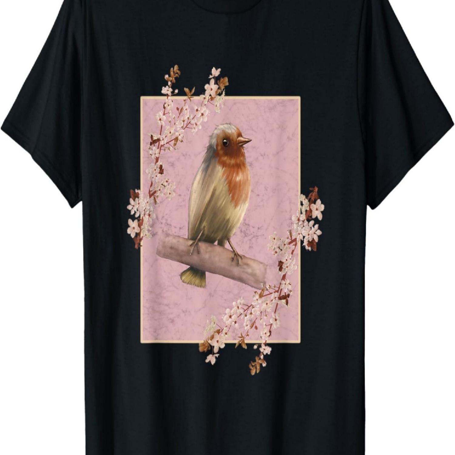 Japan Woodblock Bird Cherry Blossoms Bird T-Shirt S