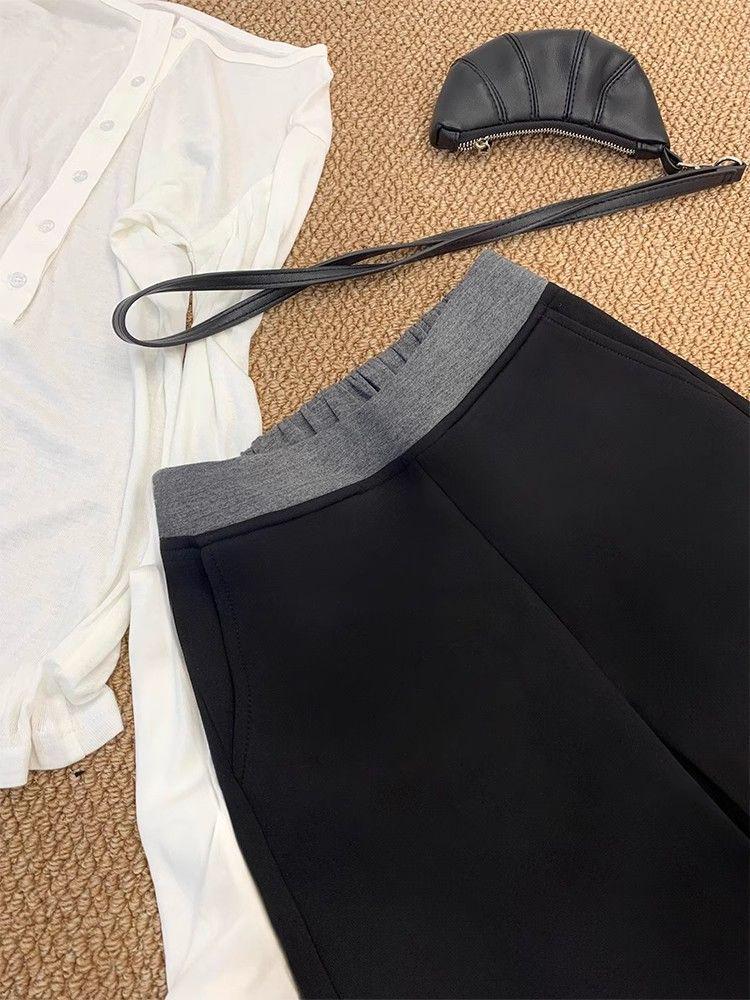 Women's Black Sports Sweatpants - Loose, Straight, Wide-Leg, Floor-Length, Slimming Drape, Spring Casual Wear