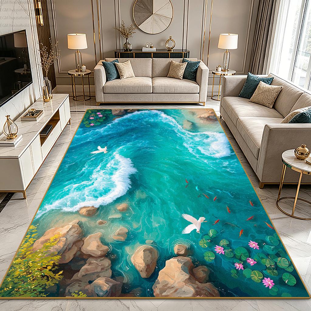 Blue Water Ocean 3D Modern Scenery Carpet Nature Print Living Room Decoration Aesthetic Rug Non-slip Bedroom Washable Floor Mats
