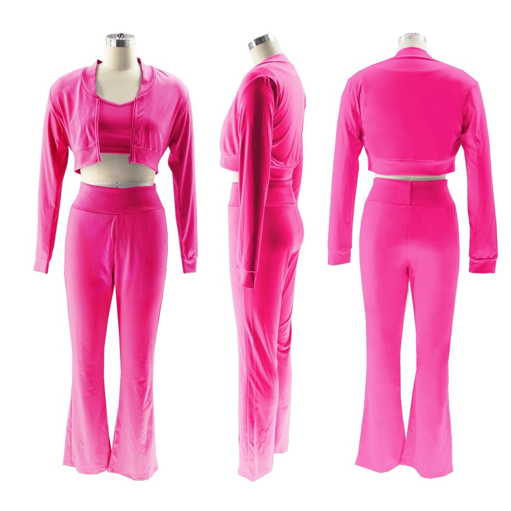 TW492 Stilvolles Dreiteiler-Set für Damen: Einfarbiges Sexy Cropped Lässiger Sportanzug