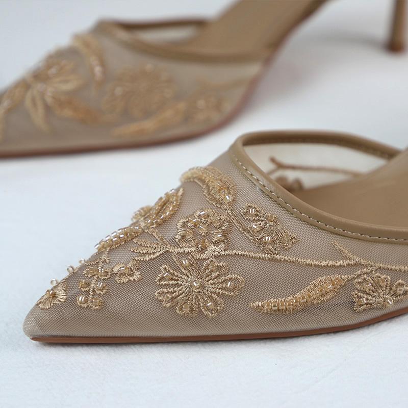Luxury  High Heels Women Sandals Mesh Embroider Elegant Pointed Ladies Slingback Evening Party Wedding Bridal Dress Shoes