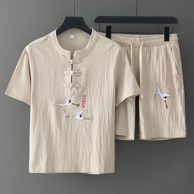 Summer Chinese Style Men's Ethnic Style Cotton and Linen Jacquard Men's Short-sleeved Shorts Suit Tang Suit Embroidery