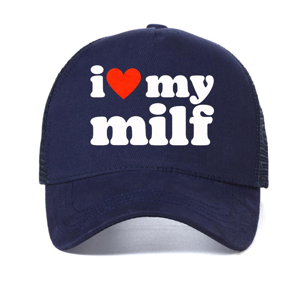 Men's I Love My Milf Baseball Cap Black I  MILFS Printed Text Casual Daily Wear Street Style Fashion Caps Mesh Snapback Hats