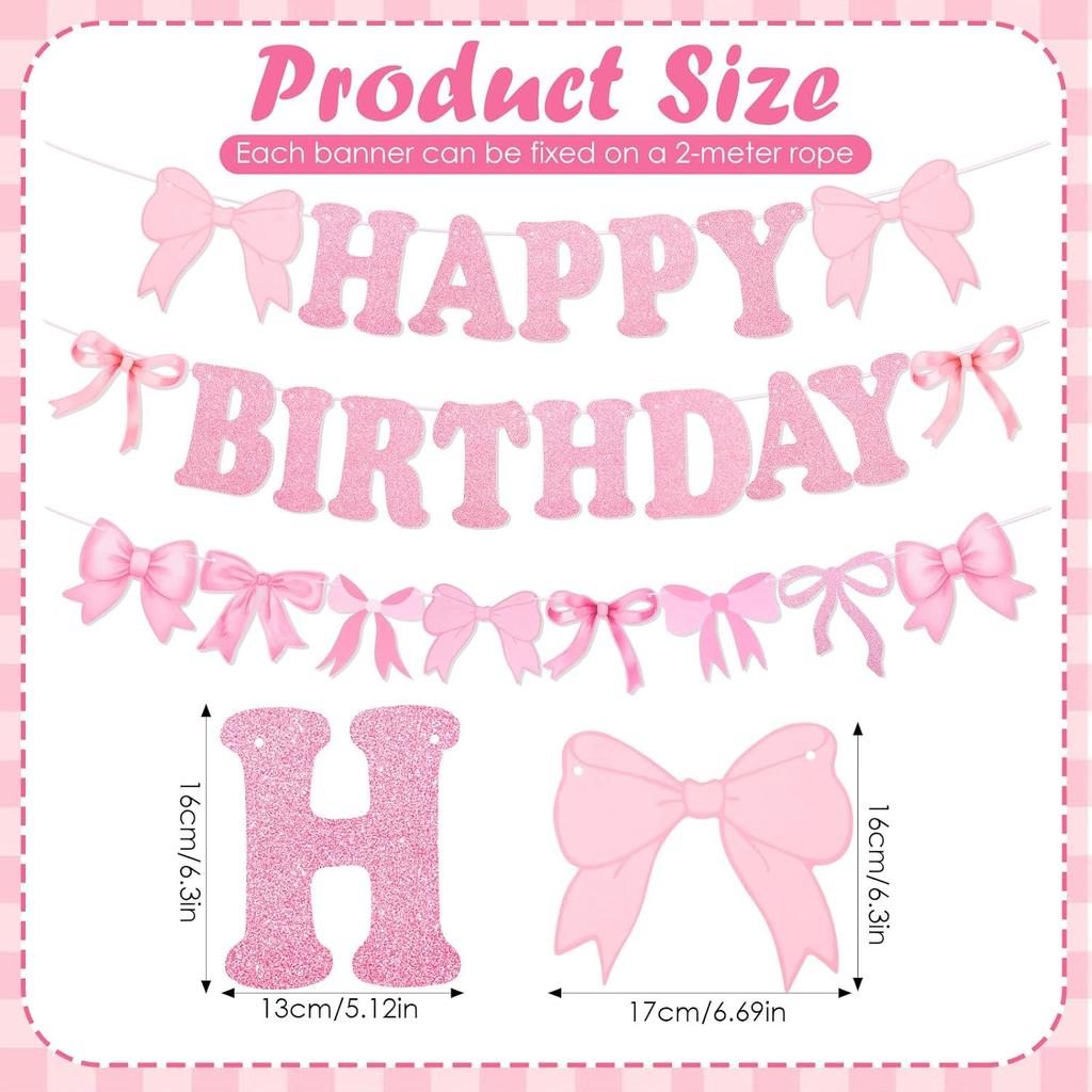 Pink Happy Birthday Banner, Bow Themed Party Decorations Hanging Set Pink Bowes Banner for Women Party Decorations