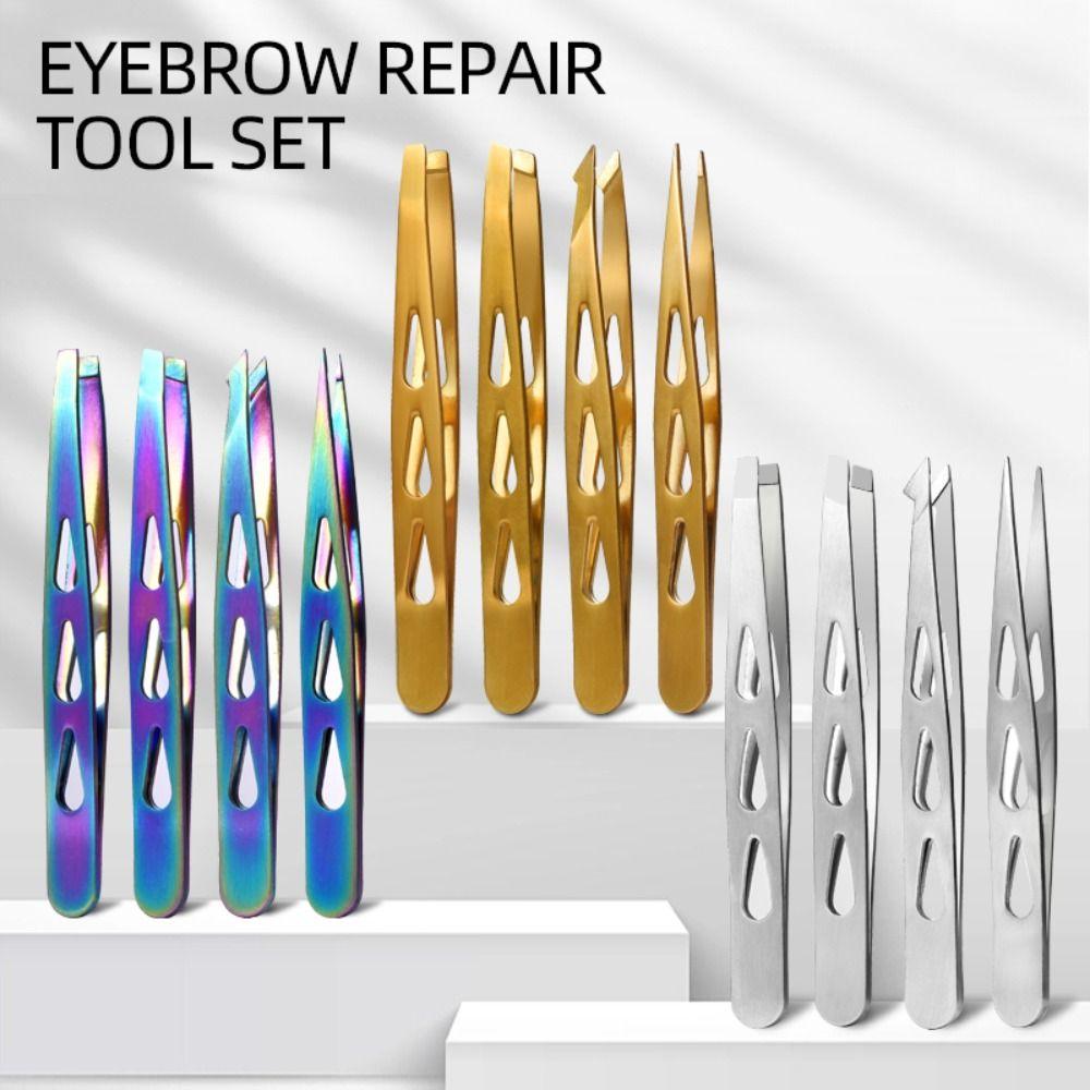 4PCS/Set Stainless Steel Eyebrow Tweezers Pointed Tip Oblique Mouth Eyelash Tweezers Multifunctional Portable