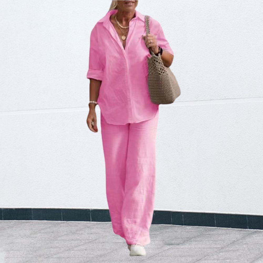 Completo due pezzi da donna per l'estate Taglie forti Cotone Lino Camicia monopetto Pantaloni Casual Top Ampio Gamba Pantaloni larghi Completi comodi