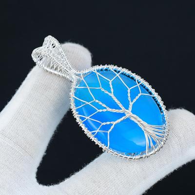 Blue Angelite Pendant Natural Gemstone Handmade 925 Sterling Silver Pendant, Wire Wrapped Jewelry, Wire Wrapped Pendant Tree Of Life Jewelry