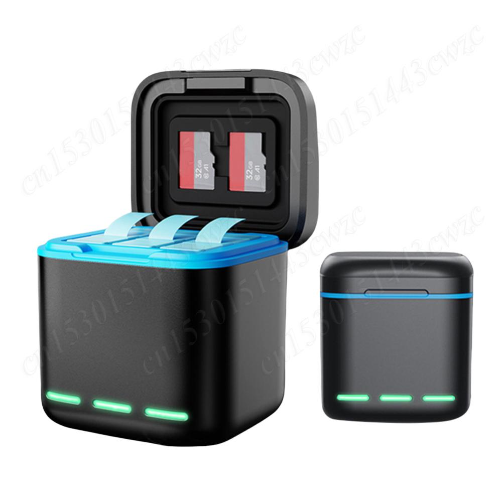 3-Channel Battery Charger with Type C Cable Storage Charging Box 2 SD Slot Batteries Storage Case for GoPro Go Pro Hero 8 7 6 5