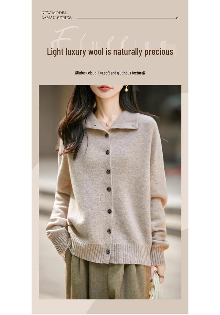 Women's 100% Wool French Stand Collar Single-Breasted Cardigan - Autumn/Winter Solid Color Knit Sweater with Rolled Hem