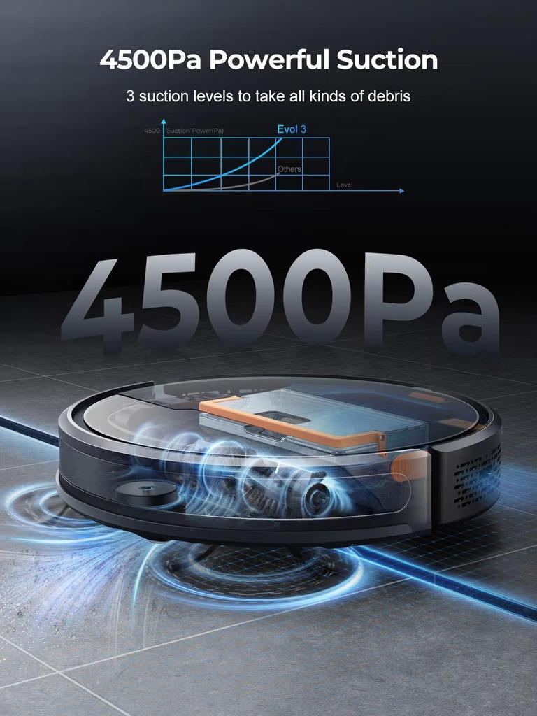 Evol 3 Robot Vacuum 4500Pa Suction Sweeping Robots Multifunctional Intelligent Sweeping Robot with Auto Carpet Boost