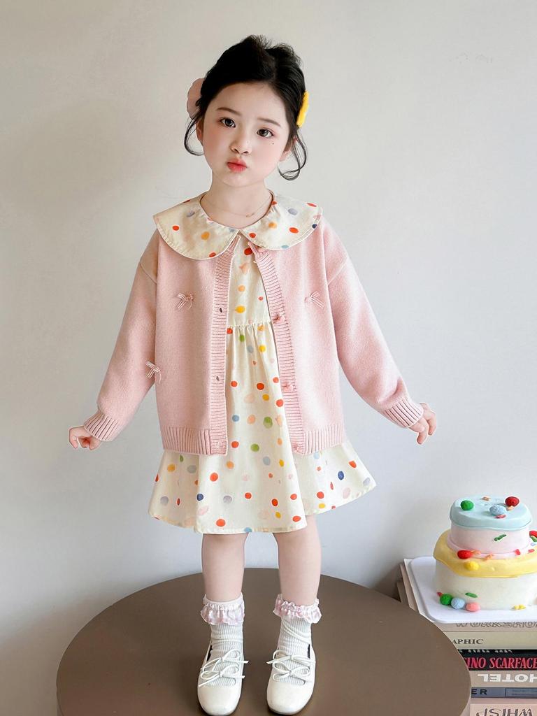 Girls' Polka Dot Doll Collar Knit Dress & Cardigan Set - Spring/Autumn Two-Piece Outfit