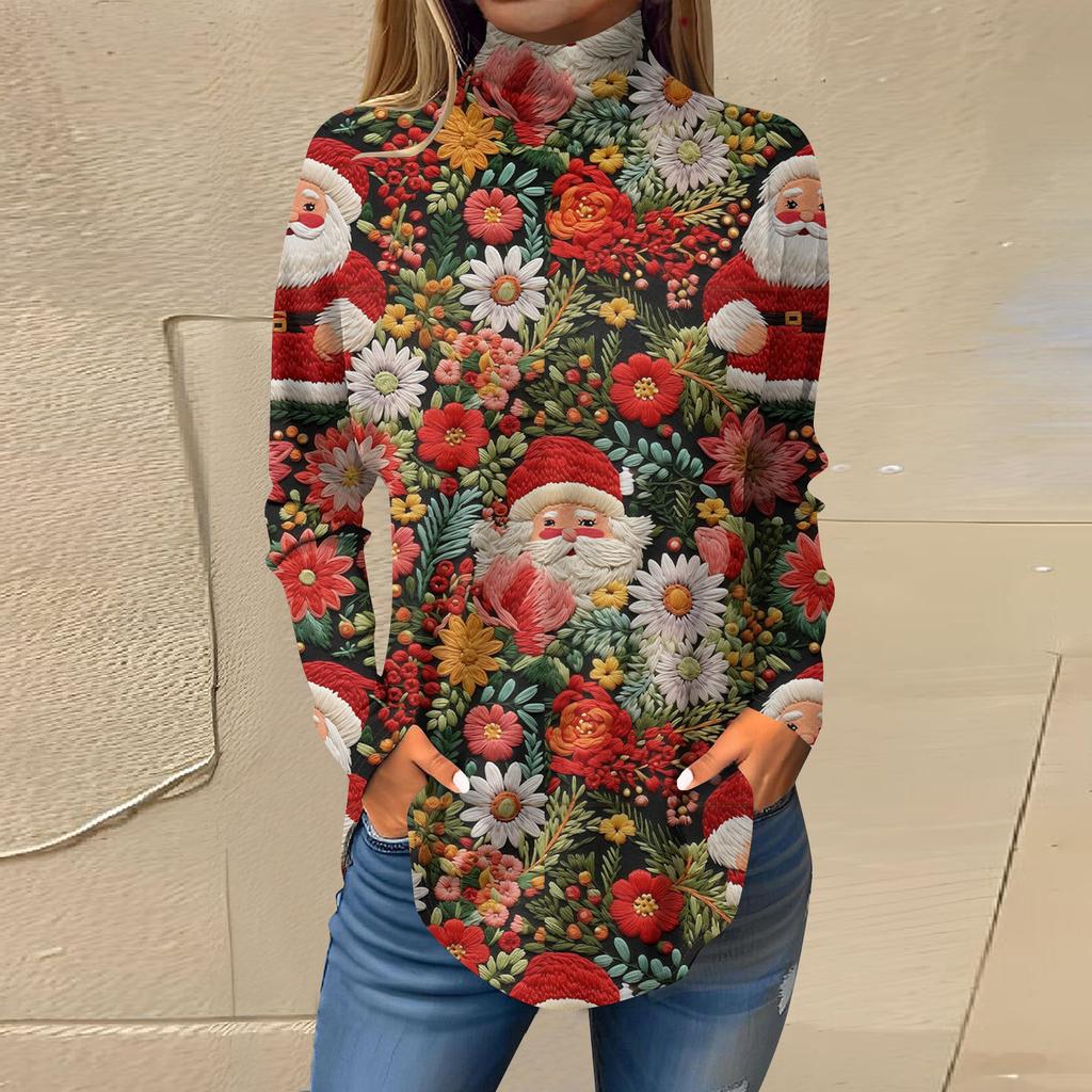 Damen Herbst Casual Langarmshirts Sweatshirt Vintage Bedrucktes High Neck Top Pullover