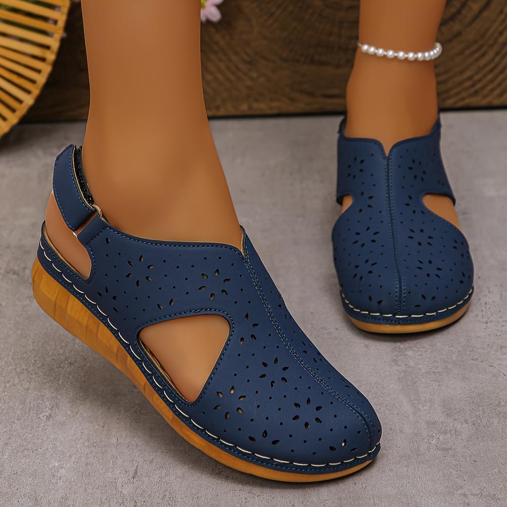 Sommer Damen Perforierte Keilsandalen mit Verstellbaren Knöchelriemen - Neue Einfarbige Bequeme, Leichte, Atmungsaktive Sandalen mit Dickem Absatz