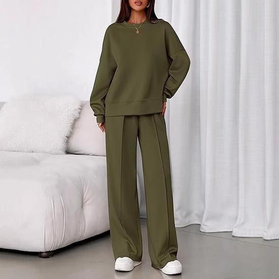Women's Crew Neck Long Sleeve Loose Fit Sweatshirt and Elastic Waist Wide Leg Pants Two Piece Tracksuit