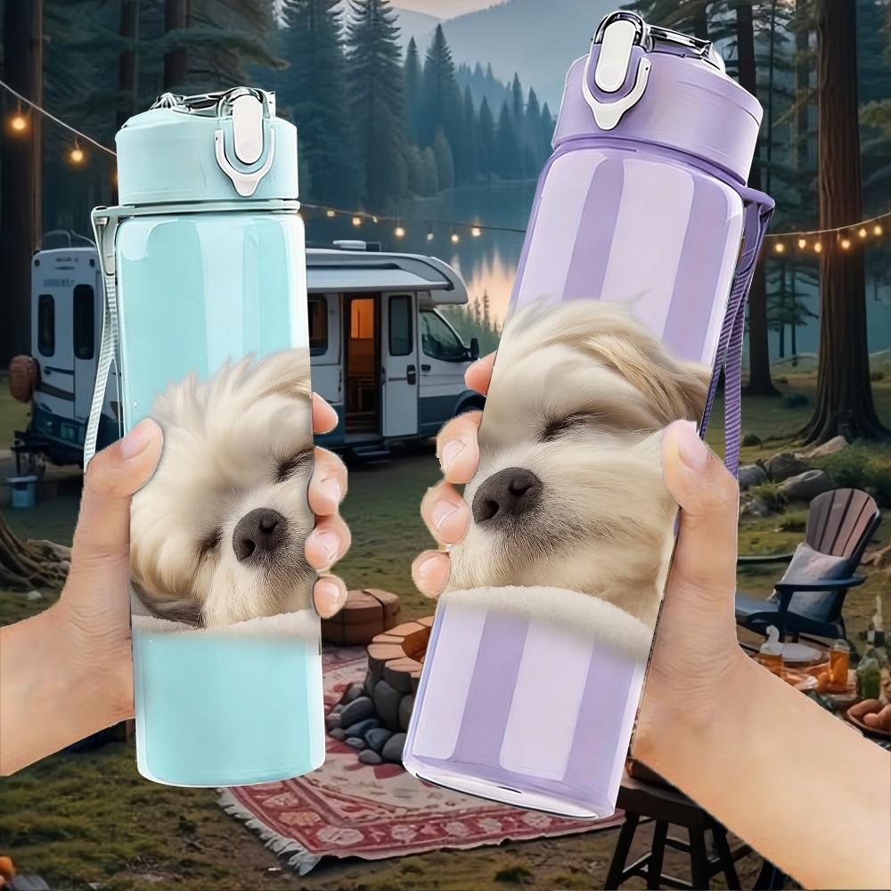 1PC Sleeping Fluffy Dog 750ml Color Plastic Sports Water Bottle Leakproof Flip Straw Lid Suitable for Sports Office Home Use