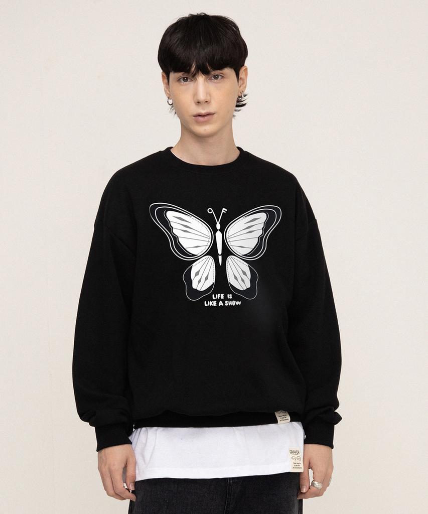 Graver [Unisex] White Butterfly Sweatshirt_Black