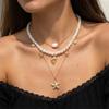 3-Layer Boho Beach Imitation Pearl Choker Necklace Set for Women Gold Color Starfish Scallop Pendant Summer Vacation Jewelry