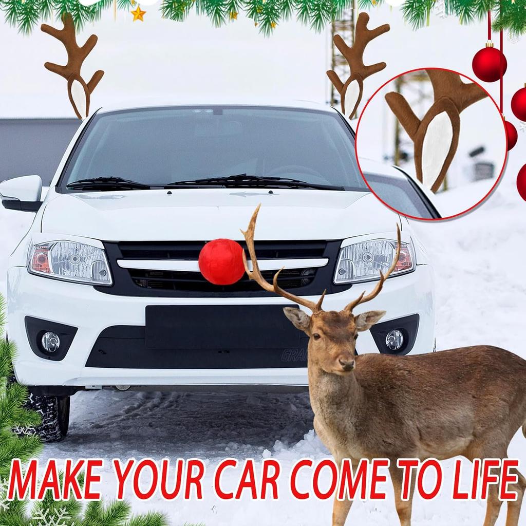 Car Reindeer Antlers & Nose Decorations - Cute Rudolph Reindeer Auto Holiday Accessories With Ears - Christmas Roof Top Decorations For SUV Van Truck
