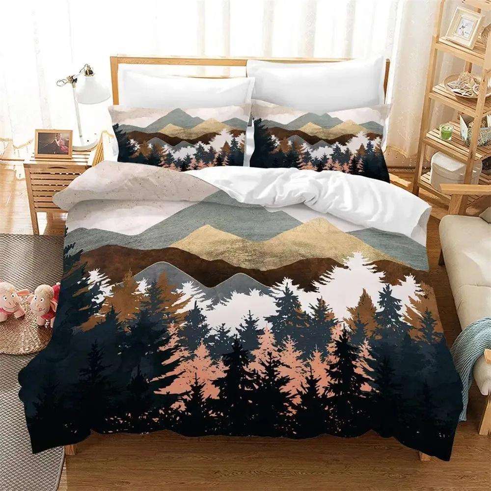Smoky Mountain Duvet Cover Collection Misty Forest Bedding Collection Full Queen Size Grey Trees Natural Scenery Art Comforter Cover