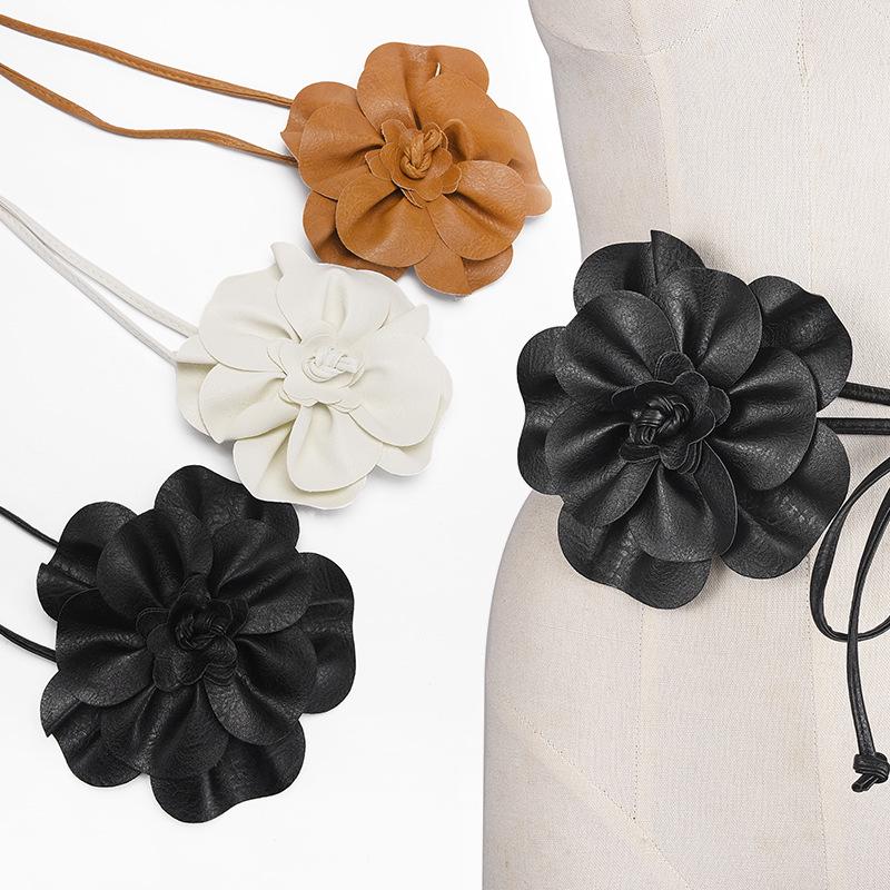 Elegant Korean Style Floral Belt Dress Suit with Versatile Waist-Cinching Knot