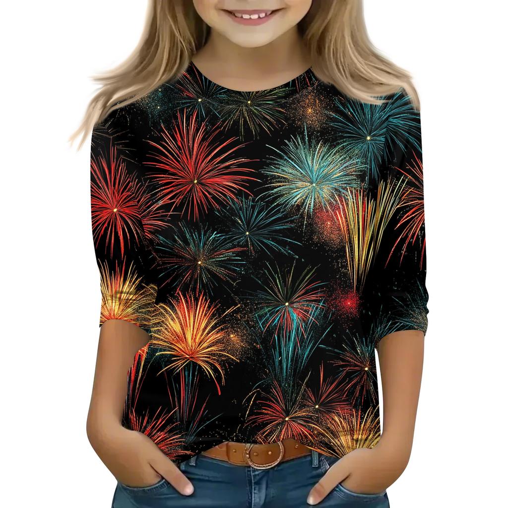 Christmas Day Print Tops For Youth Girls 5-16 Years Round Neck 3/4 Sleeves T-Shirts Trendy Tops Outfit Tees