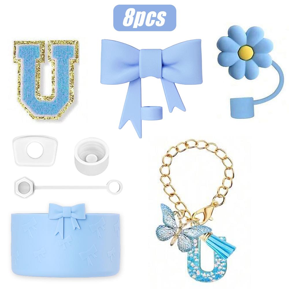 8PCS Cup Accessories Set for Stanley Cup 30oz 40oz, A-Z Initials Decorations, Including Silicone Straw Cover Cap