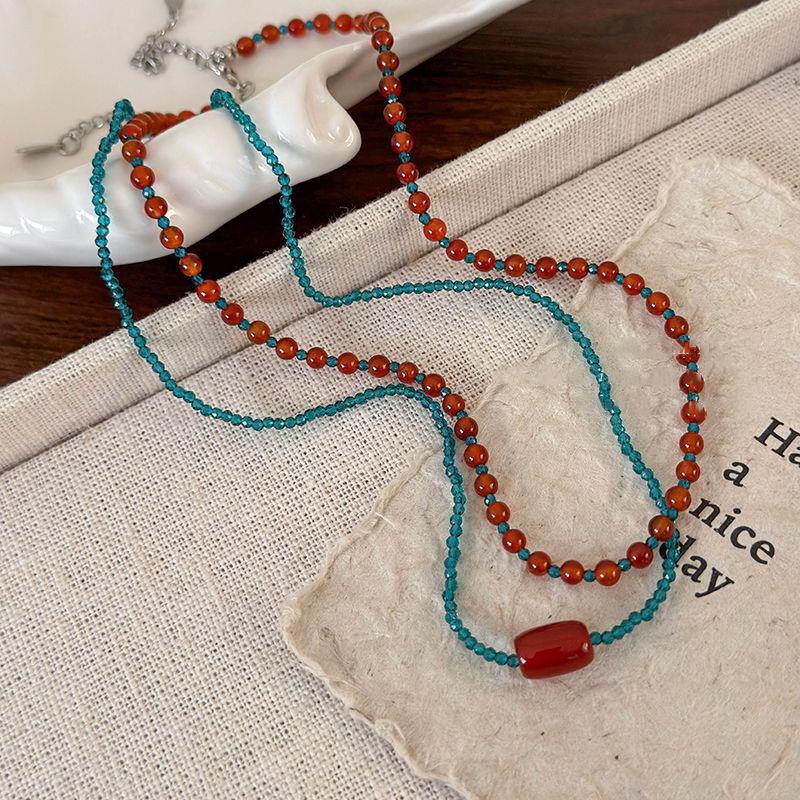 Retro Red Blue Contrast Colorful Natural Stone Cubes Beaded Necklace for Women Wholesale Beads Strand Chokers Aesthetic Jewelry