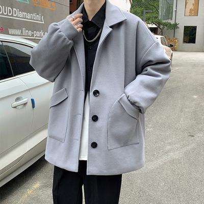 Men Woolen Coat Lapel Long Sleeve Single Breasted Windbreaker Solid Color Loose Fit Mid-length Coat with Pockets Formal Wear