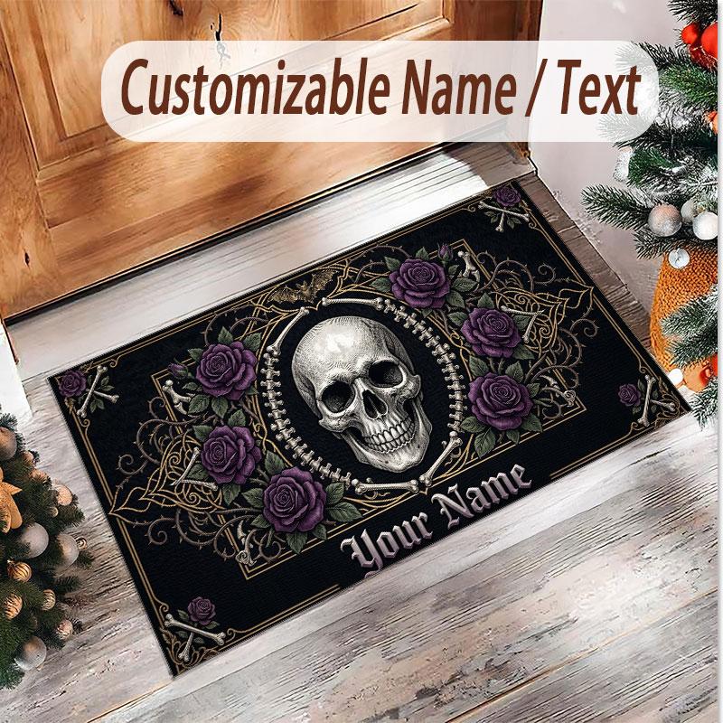 Totenkopf Gothic Thema Weicher Kristall-Samt Teppich Benutzerdefinierter Name & Text Druck Rutschfester Boden Teppich für Schlafzimmer Wohnzimmer