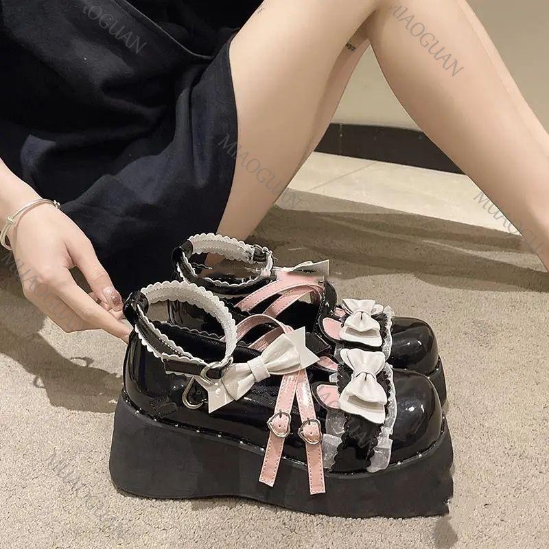 Fashion Spring and Summer New Lolita Shoes Sweet Women Japanese Style Bow Lace Kawaii Mary Janes Round Toe Buckle Casual Platform Pumps