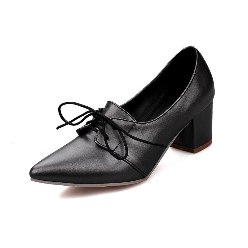 

Women Shoes Pointed Toe Pumps Leather Lace-up Female Square High Heels Mujer Plus Size 31-45 Black White Pink 39