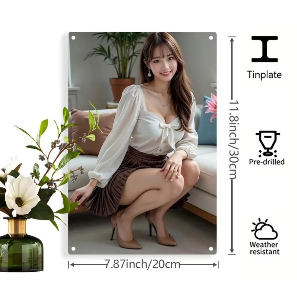 Wall Art Metal Plaque Woman White Shirt Brown Skirt 20x30cm Weatherproof Indoor Outdoor Decor Pre Drilled