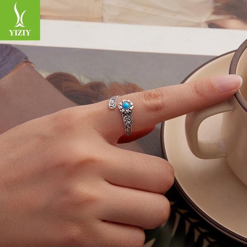 Vintage Sunflower Turquoise Open Ring, French Classical Engraved S925 Sterling Silver Ring