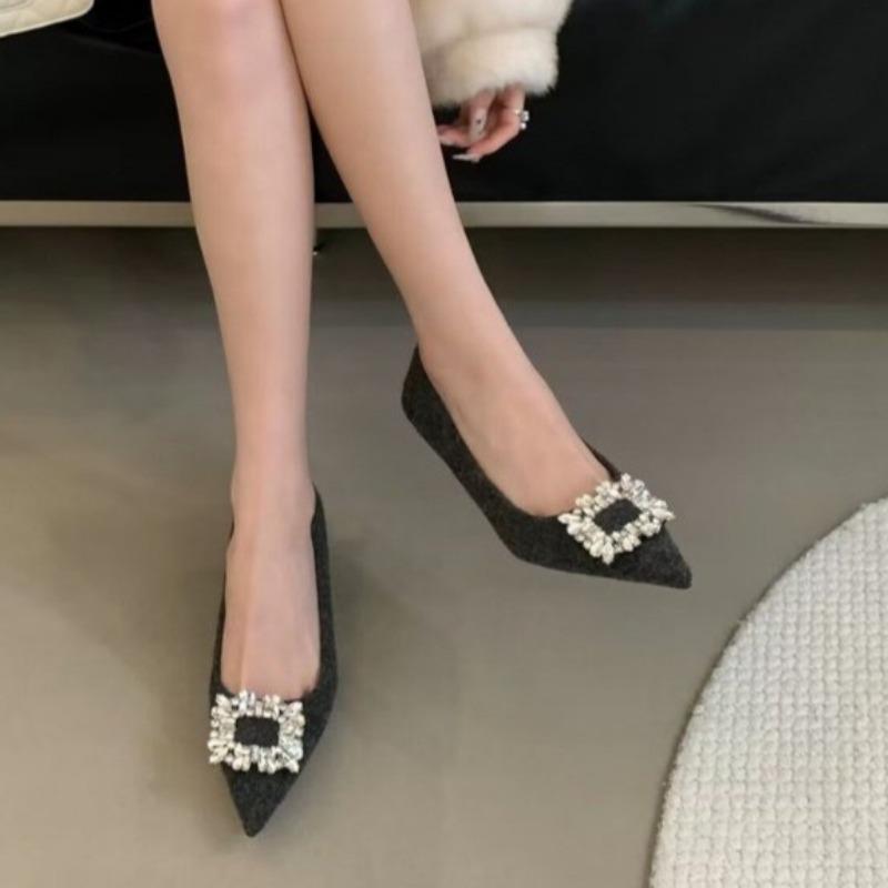 Fashion Women's Slim Heel Shoes Spring New Pointed Head Shallow Mouth Suede Glitter Buckle Anti-slip Wear-resistant Low-top Shoes